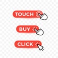 Choice web buttons set. Touch, but and click text on rounded buttons with arrows or hand pointer. Isolated vector icons Royalty Free Stock Photo