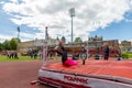 Chojnice, pomorskie / Poland - May, 29, 2019: Athletics competition at the municipal stadium. Struggles in running and jumping in Royalty Free Stock Photo