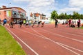 Chojnice, pomorskie / Poland - May, 29, 2019: Athletics competition at the municipal stadium. Struggles in running and jumping in Royalty Free Stock Photo