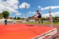 Chojnice, pomorskie / Poland - May, 29, 2019: Athletics competition at the municipal stadium. Struggles in running and jumping in Royalty Free Stock Photo