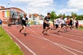 Chojnice, pomorskie / Poland - May, 29, 2019: Athletics competition at the municipal stadium. Struggles in running and jumping in Royalty Free Stock Photo