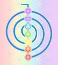 Choku Rei Symbol with seven chakras on colorful background