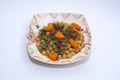 Chola Chana Chaat, Bowl of Chickpeas curry or Chola masala. Ramadan Iftari Dinner. Ramzan Meal. Specially for Eid Roza Iftar Royalty Free Stock Photo