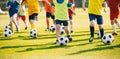 Children Football Team on Training. Group of School Kids Running With Soccer Balls Royalty Free Stock Photo