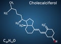 Cholecalciferol, colecalciferol, vitamin D3, C27H44O molecule. Structural chemical formula on the dark blue background Royalty Free Stock Photo