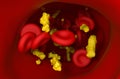 Normal level of cholesterol crystals and red blood cells flowing in artery 3d illustration