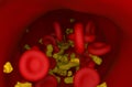 Higher level of cholesterol crystals and red blood cells flowing in artery 3d illustration