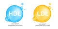 Cholesterol HDL and LDL types. Good and bad cholesterin. High and low density, lipoprotein icons isolated on white