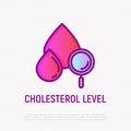 Cholesterol level thin line icon: blood drop with magnifier. Modern vector illustration of blood test