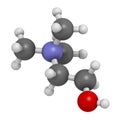 Choline essential nutrient molecule. 3D rendering. Atoms are represented as spheres with conventional color coding: hydrogen (