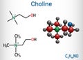 Choline vitamin-like essential nutrien molecule. It is a constituent of lecithin. Structural chemical formula and molecule model