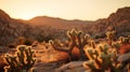 Cholla cacti and boulders in sunset silhouette