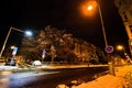 Chomutov, Czech republic - January 09, 2022: Skolni street with industrial secondery school in night in snowy winter