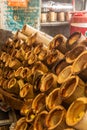 Empty bamboo cake holders on street market in Chon Buri, Thailand