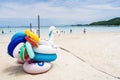 Chon Buri, Thailand - October, 02, 2021 : fancy swim tube on the beach Inflatable duck.Fantasy Swim Ring for Summer sea Trip on