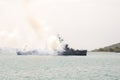 HTMS Pinklao DE 413 fires gun salute to honor Chief of Singapore Navy