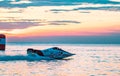 F3 boat with beautiful sky and sea with sunset in Bangsaen Power Boat 2017 at Bangsaen beach in Thailand Royalty Free Stock Photo