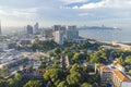 Chonburi, Thailand - 26 Oct. 2023 Morning view of Pattaya city Many tall buildings from above Dolphin circle area The picture is