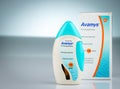 Avamys nasal spray suspension. Fluticasone nasal spray bottle. Steroid nasal spray isolated on gradient background. Medical device