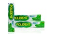 Polident fresh mint denture adhesive cream in box isolated. Extra bite force and extra hold. Product of GSK.