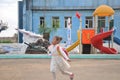 09/01/2018, Chongjin, North-Korea: happy kid on a very typical playground in schools and kindergartens in north korea including ta