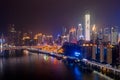 Chongqing, China - Dec 22, 2019: Aerial view of Hong Ya Cave, Historic Chinese folk town with skyscraper