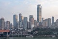 Chongqing, China - Dec 22, 2019: Qian si men bridge over Jialing river by Hong Ya cave, Chinese folk religion village