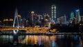 Chongqing city nightscape with bridge buildings and Hongya Cave view illuminated at night in Chongqing China