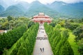 Chongsheng temple hall building wide angle view with panorama on Cangshan mountain in background in Dali Yunnan China