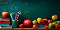 chool background with a chalkboard pattern and elements like apples, books, and pencils symbolizing the learning
