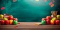 chool background with a chalkboard pattern and elements like apples, books, and pencils symbolizing the learning environment.