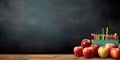 chool background with a chalkboard pattern and elements like apples, books, and pencils symbolizing the learning