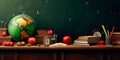 chool background with a chalkboard pattern and elements like apples, books, and pencils symbolizing the learning