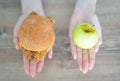 Choose between a calorie burger and a green apple. Women`s hands hold harmful and healthy food