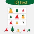 Choose correct answer, IQ test with christmas picturees for children, xmas fun education game for kids, preschool worksheet