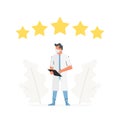 Choose doctor for consultation, five star rating. Medical staff reviews vector illustration. The doctor stands in front