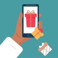 Choose a gift for the holiday in the online store using a smartphone. Vector.