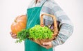 Choose a healthy lifestyle. Holding basket. seasonal vitamin food. Useful fruit and vegetable. man chef with rich autumn Royalty Free Stock Photo