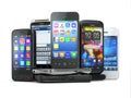 Choose mobile phone. Pile of new cellphones. Royalty Free Stock Photo