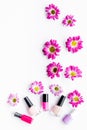 Choose nail polish for manicure. Bottles of colored polish on white background top view copyspace