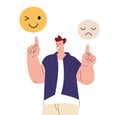 Choose positive emotions every day. Happy man point on emoticons, sad and funny faces. Choose happiness and joy, vector