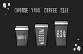 Choose your coffee size. Vector flat illustration. Coffee shop or store advertising banner layout