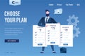 Choose your plan, landing page template. Price list set. Set of offer tariffs. Pricing table for business. Businessman recommend