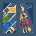 Choose your style flat set of banners vector illustration. Urban traffic concept, cars in parking zone, outdoor auto