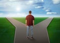 Choose your way. Man standing at crossroads taking important decision Royalty Free Stock Photo