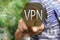 chooses  a VPN on the touch screen. Virtual private network web tag.ÃÂ¡oncept internet technology Royalty Free Stock Photo