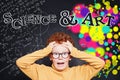 Choosing a Career concept. Shocked child boy and science and arts occupations