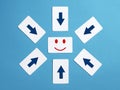 Choosing direction, decision making, different ways concept with arrows and smiley face Royalty Free Stock Photo