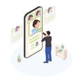 Choosing doctor online isometric illustration. Patient selecting physician profile on smartphone screen isolated character.