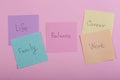 Choosing family or career concept - colorful sticky notes with words balance, work, career, family, life Royalty Free Stock Photo